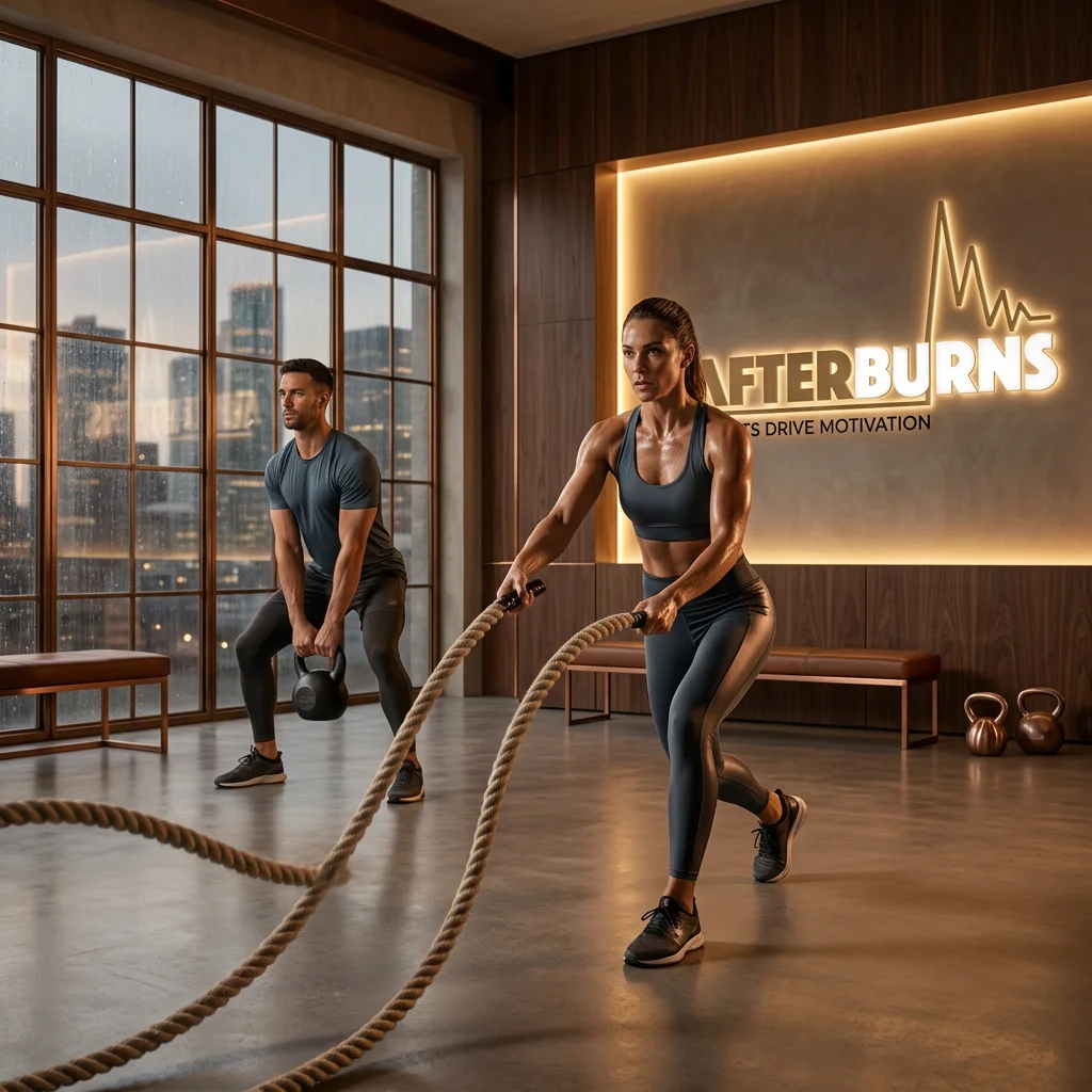 Client training with battle ropes at AfterBurns Fitness studio, Chantilly, VA