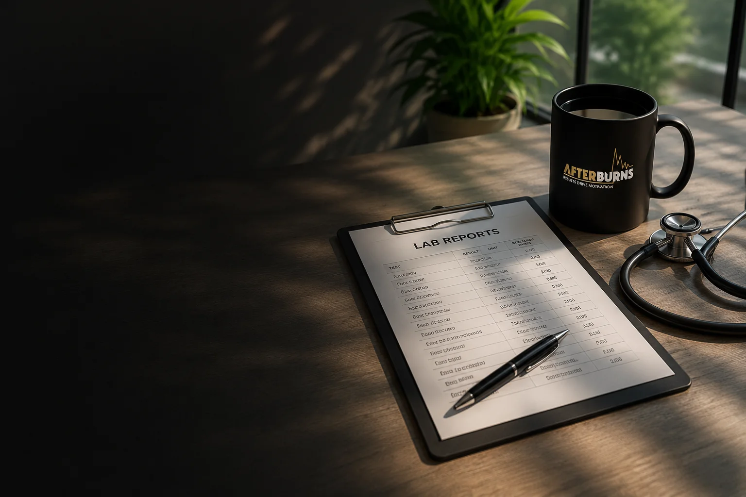 AfterBurns Medical Wellness — lab reports, stethoscope, and AfterBurns branded mug on a dark surface